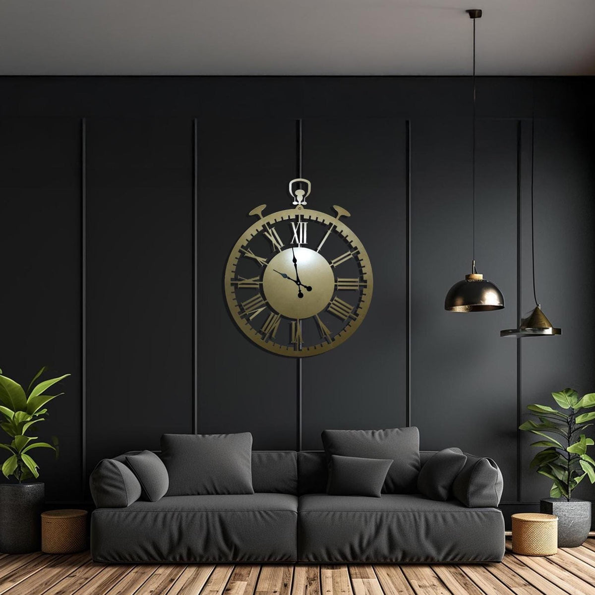Grande Horloge Murale Métal Chiffres Romains | Style Montre de Poche Vintage