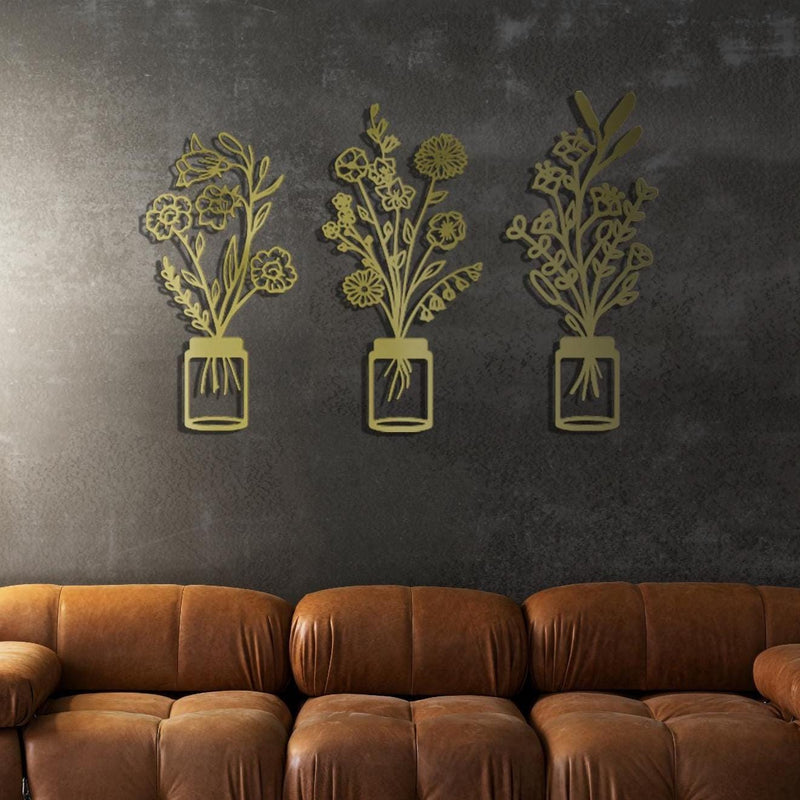 Minimalist Flowers in Vase Metal Wall Art Set of 3