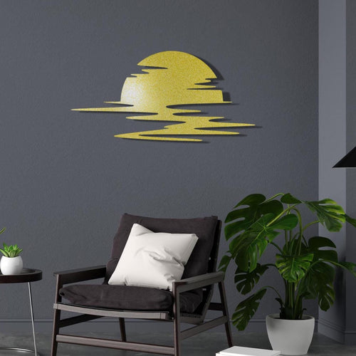 Modern metal wall art featuring an abstract golden