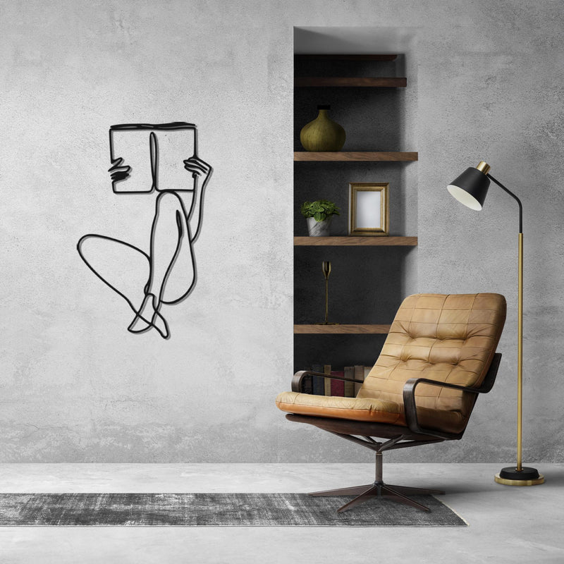 Minimalist Woman Reading Book Metal Wall Art | Library Decor