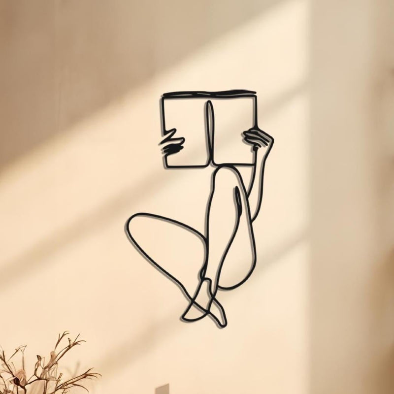 Minimalist Woman Reading Book Metal Wall Art | Library Decor