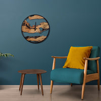 Olive Wood Wall Clock with Metal Frame - Modern Rustic