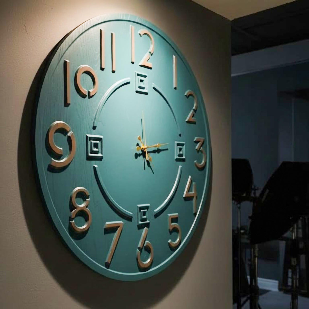 Large Teal Wooden Wall Clock - Minimalist Loft Style